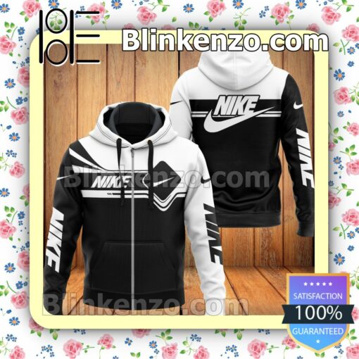 Nike Brand Logo Black Mix White Full-Zip Hooded Fleece Sweatshirt