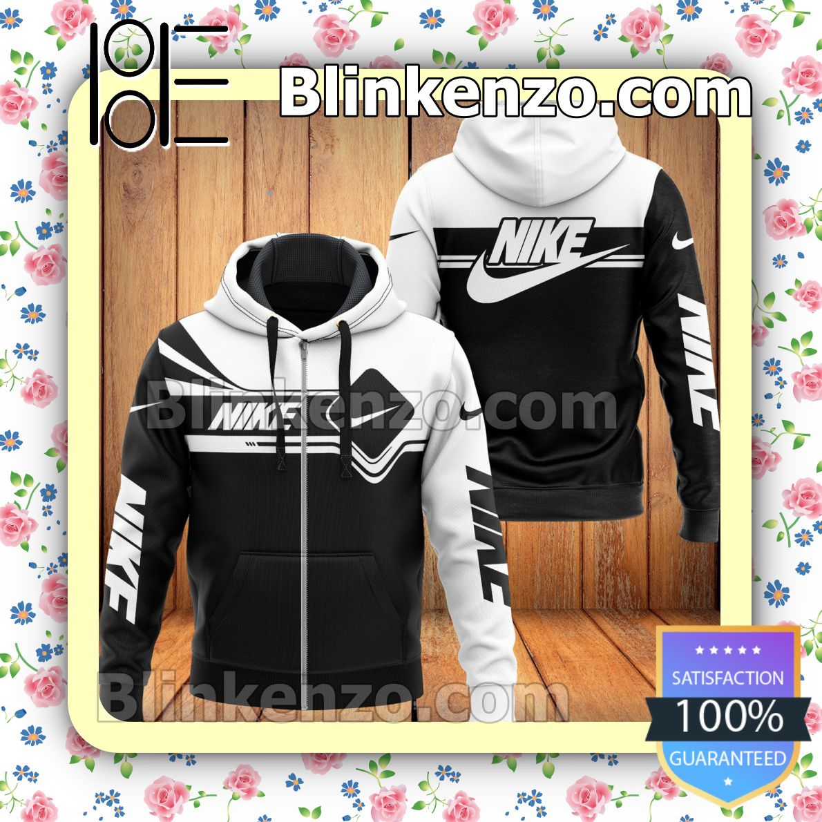 Great Quality Nike Brand Logo Black Mix White Full-Zip Hooded Fleece Sweatshirt