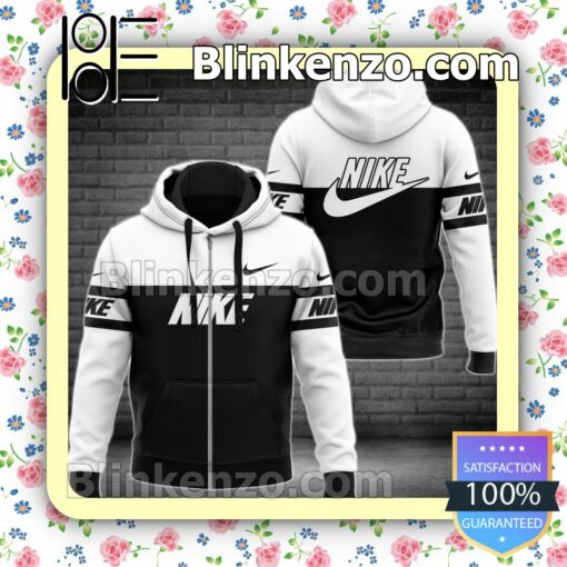 Nike Brand Logo White Mix Black Full-Zip Hooded Fleece Sweatshirt