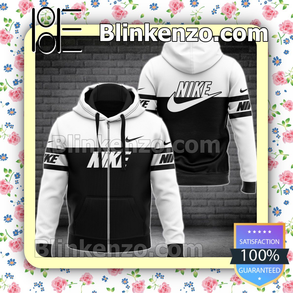 Gorgeous Nike Brand Logo White Mix Black Full-Zip Hooded Fleece Sweatshirt