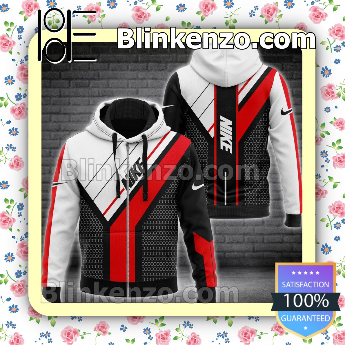 Best Gift Nike Hive Pattern Black White Red Full-Zip Hooded Fleece Sweatshirt