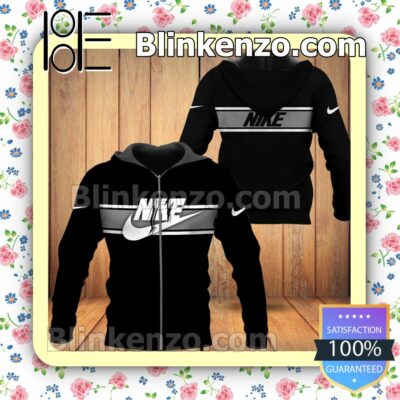 Nike Logo On Horizontal Stripes Full-Zip Hooded Fleece Sweatshirt