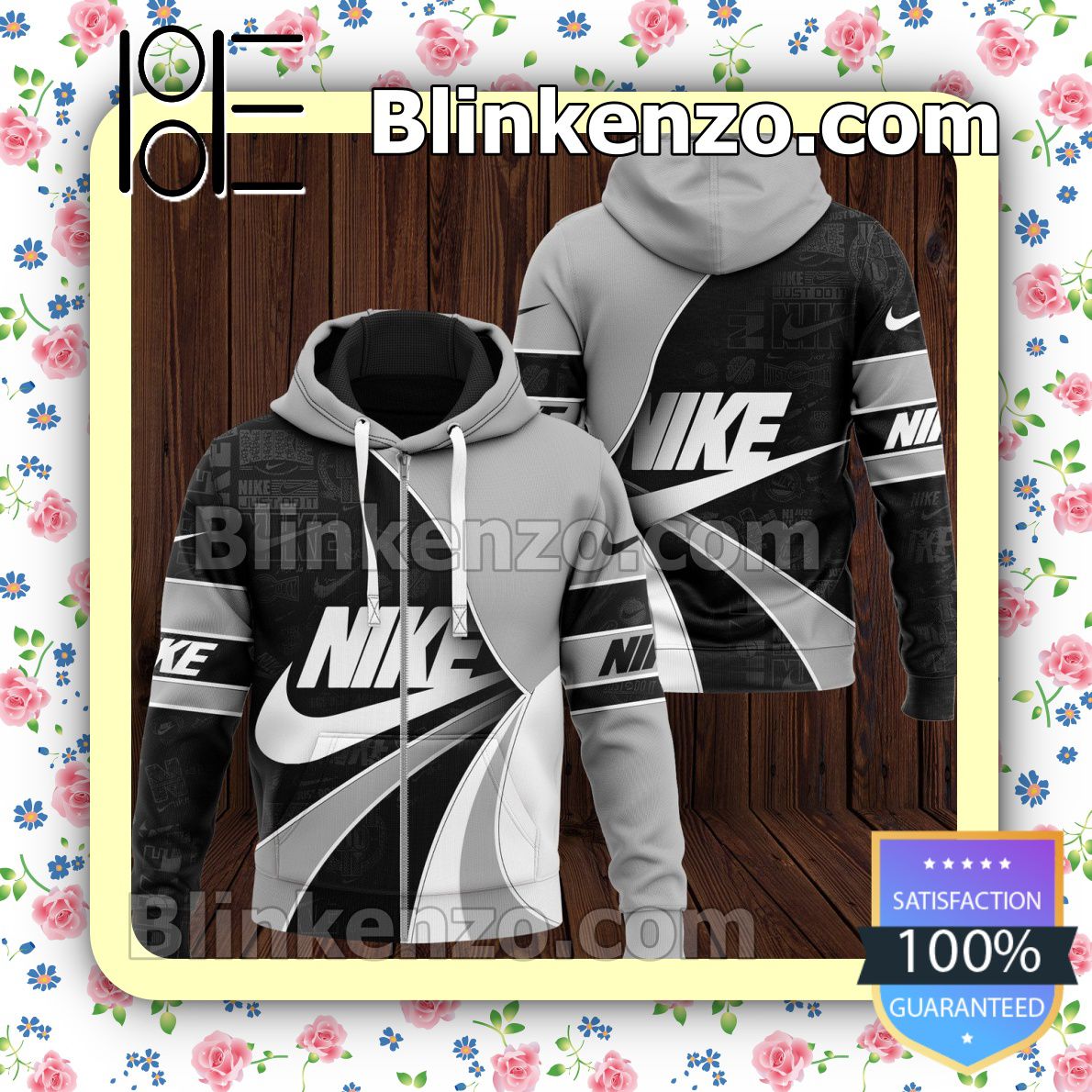  Ships From USA Nike Logo Print Curves Black White Grey Full-Zip Hooded Fleece Sweatshirt