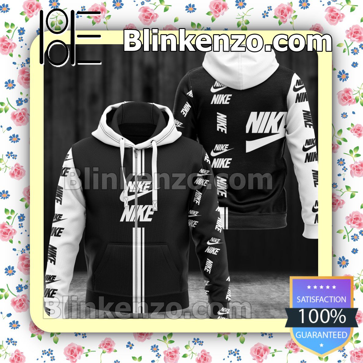 Perfect Nike Luxury Brand Name And Logo Black Mix White Full-Zip Hooded Fleece Sweatshirt