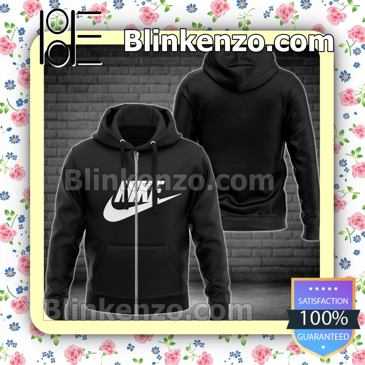 Present Nike White Brand Logo Black Full-Zip Hooded Fleece Sweatshirt
