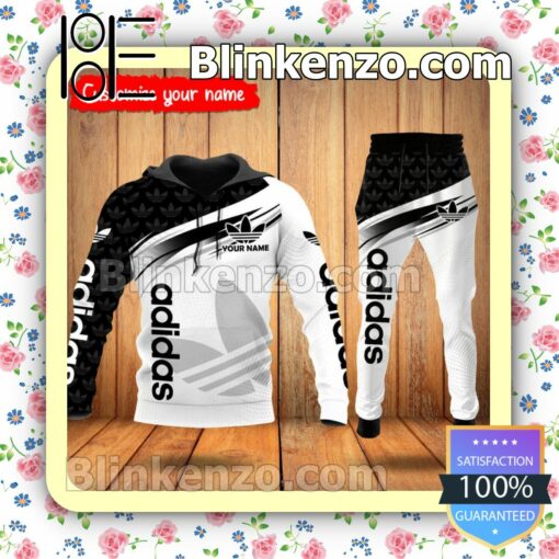 Personalized Adidas Brand Logo Print Black And White Fleece Hoodie, Pants
