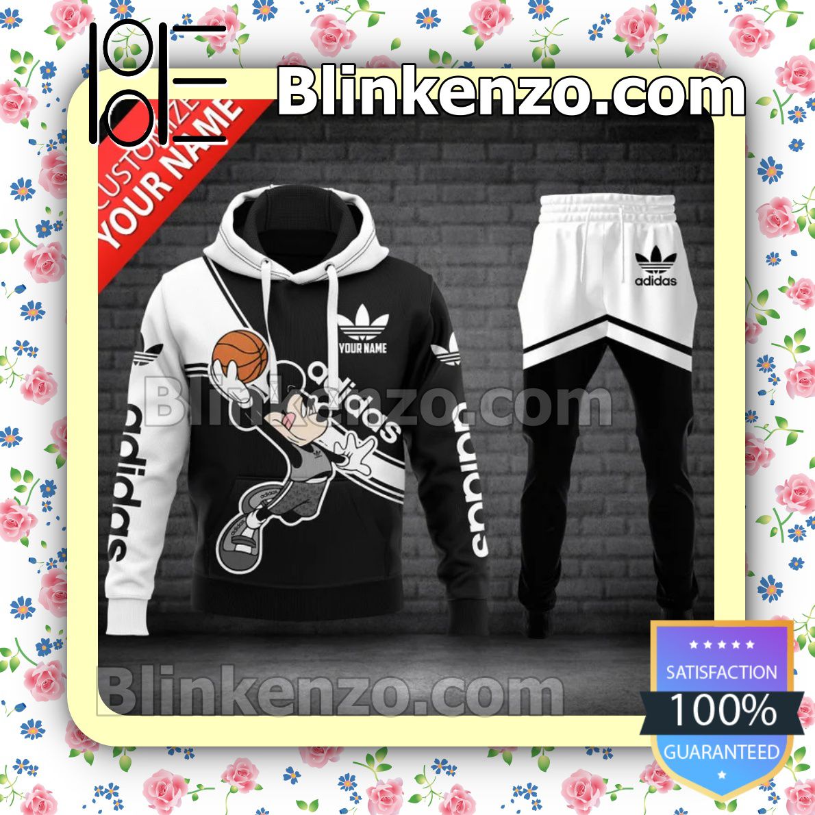 Personalized Adidas Mickey Mouse With Ball Black And White Fleece Hoodie, Pants