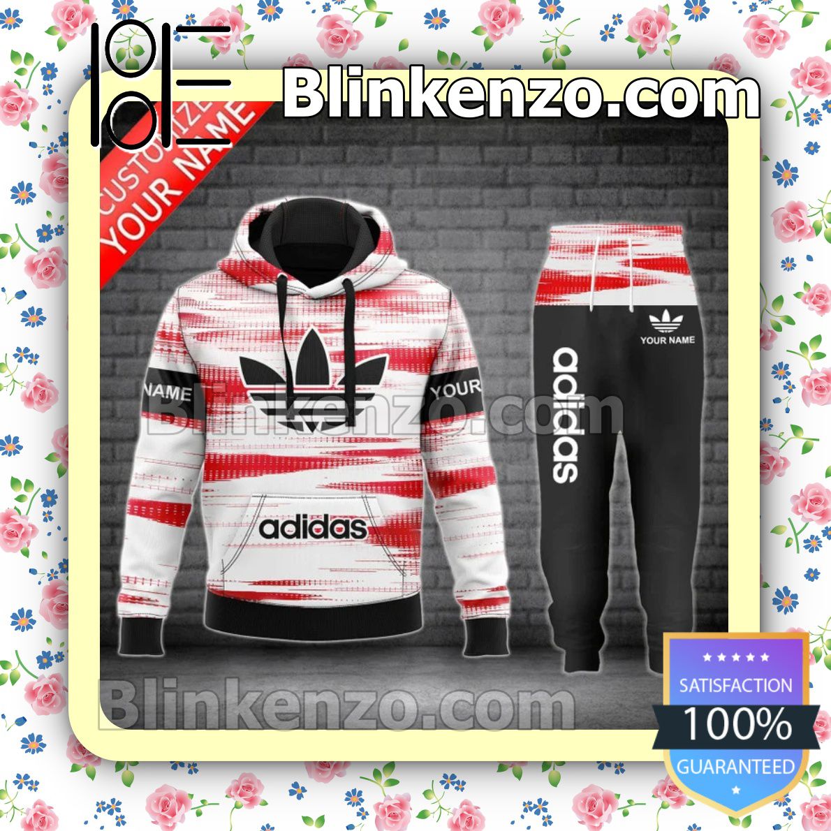 Personalized Adidas Red Paint Stroke On White Black Fleece Hoodie, Pants