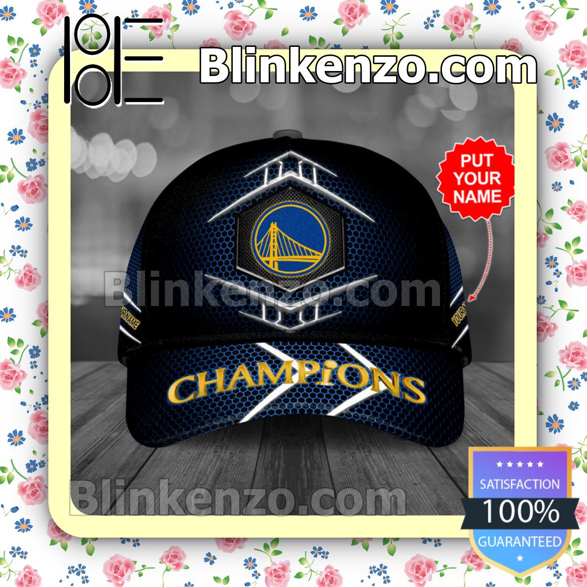 Get Here Personalized Golden State Warriors Champions Blue Hive Pattern Baseball Caps Gift For Boyfriend