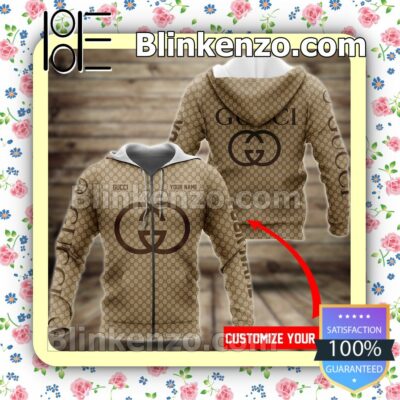 Personalized Gucci Light Brown Monogram With Big Logo Center Full-Zip Hooded Fleece Sweatshirt