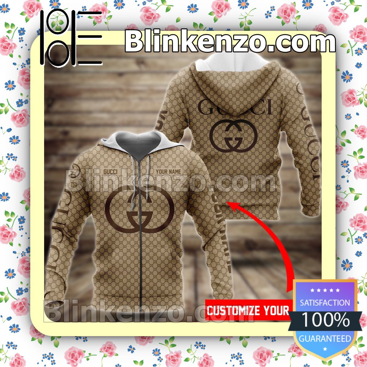 Top Rated Personalized Gucci Light Brown Monogram With Big Logo Center Full-Zip Hooded Fleece Sweatshirt