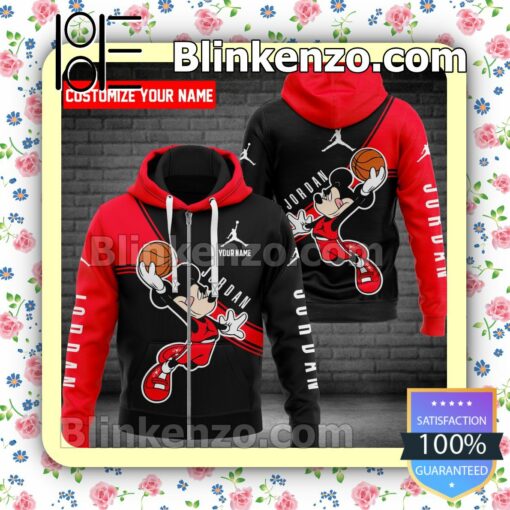 Personalized Jordan Mickey Mouse With Ball Black And Red Full-Zip Hooded Fleece Sweatshirt