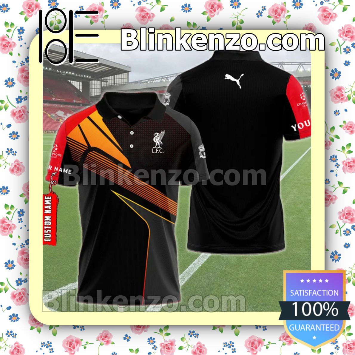 Personalized Liverpool F.c. And Puma Logo Black Custom Polo Shirt