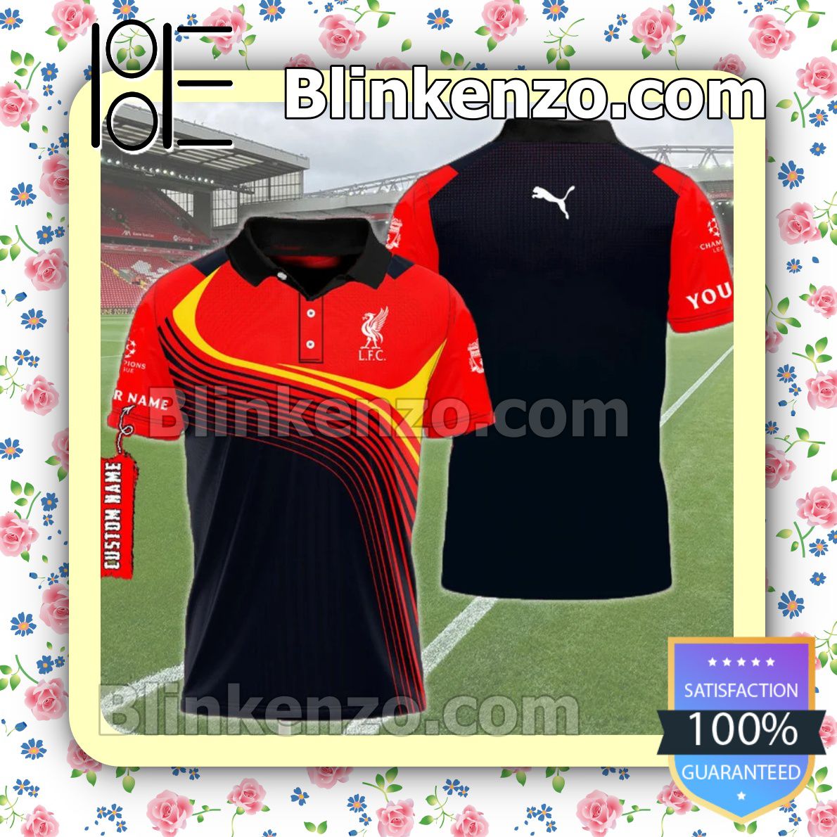 Personalized Liverpool F.c. And Puma Logo Red And Black Custom Polo Shirt
