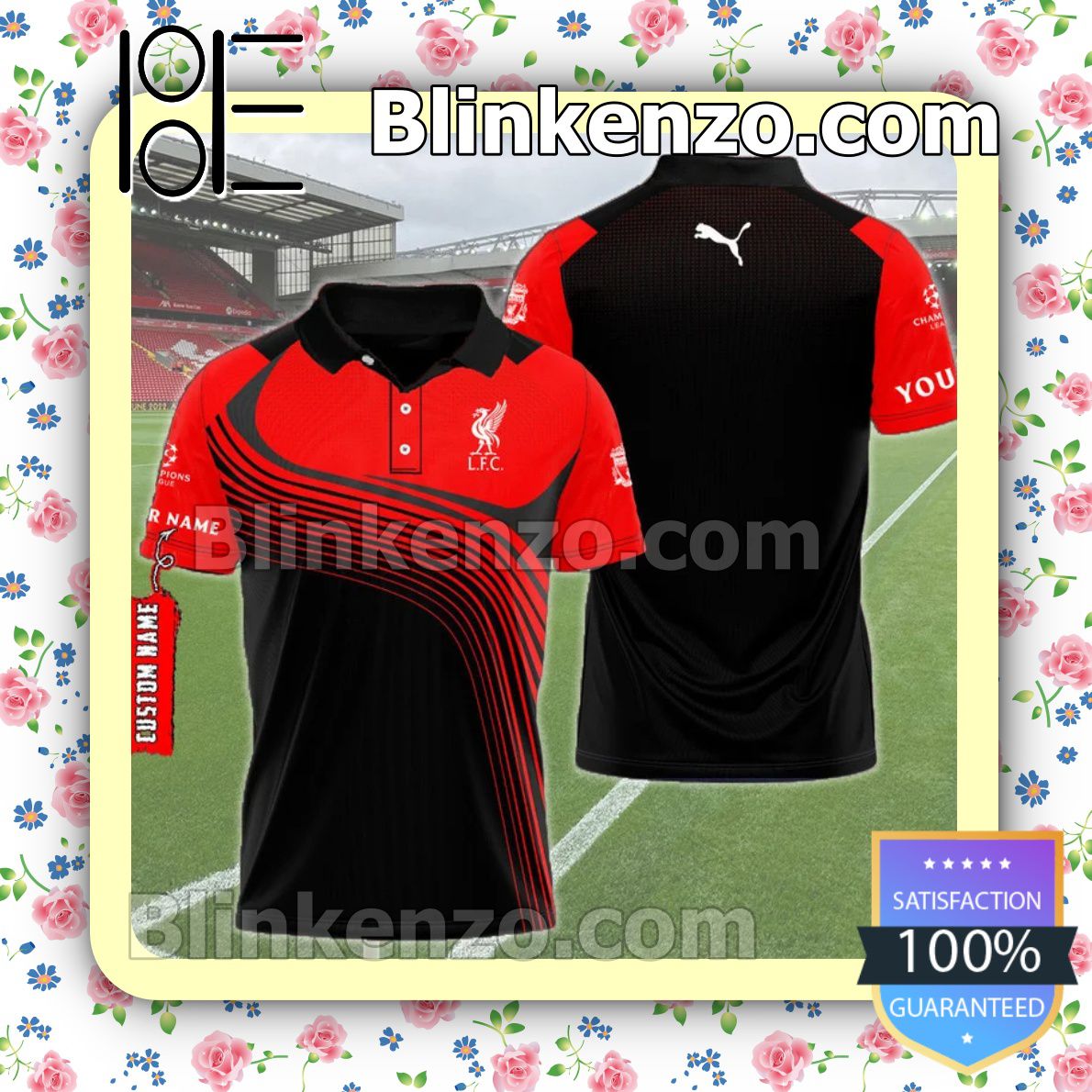 Personalized Liverpool F.c. And Puma Logo Red Black Custom Polo Shirt