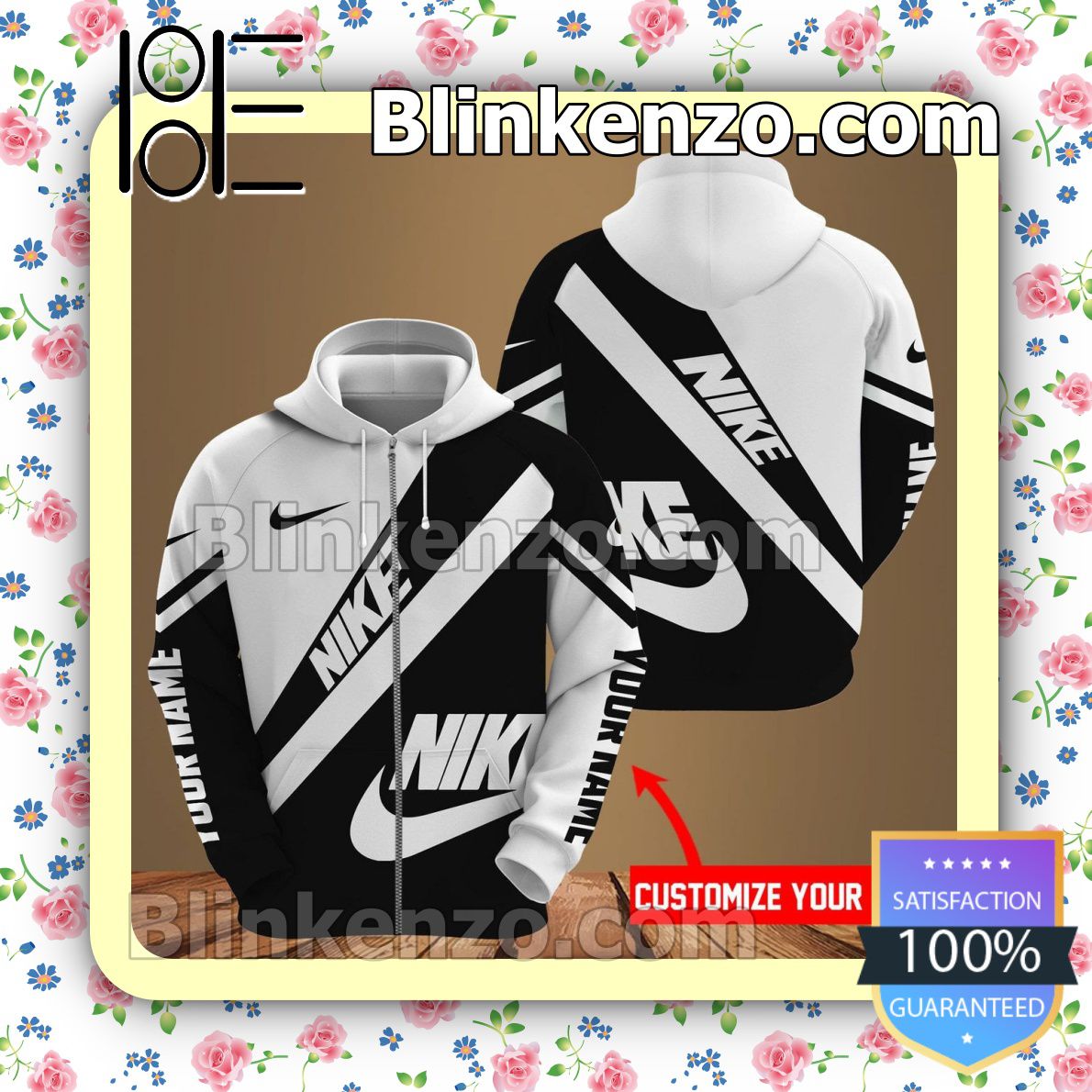 All Over Print Personalized Nike Black And White Full-Zip Hooded Fleece Sweatshirt