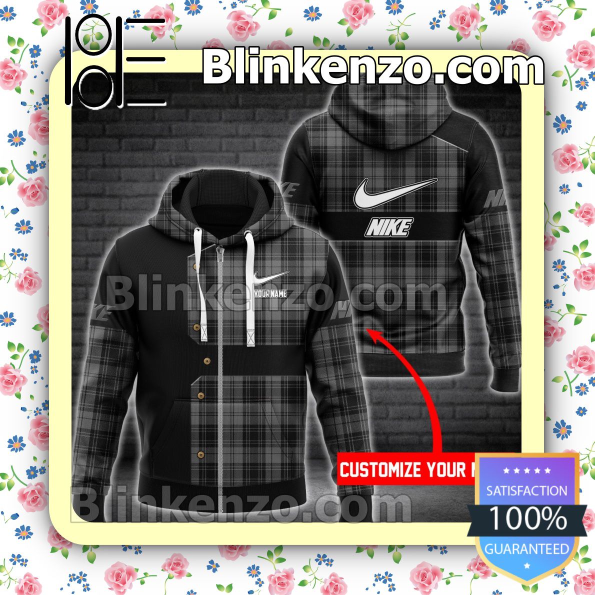 Adorable Personalized Nike Black Mix Plaid Full-Zip Hooded Fleece Sweatshirt