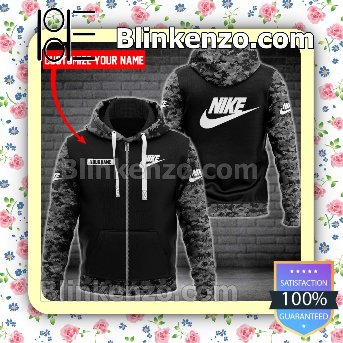 POD Personalized Nike Black With Grey Camouflage Full-Zip Hooded Fleece Sweatshirt