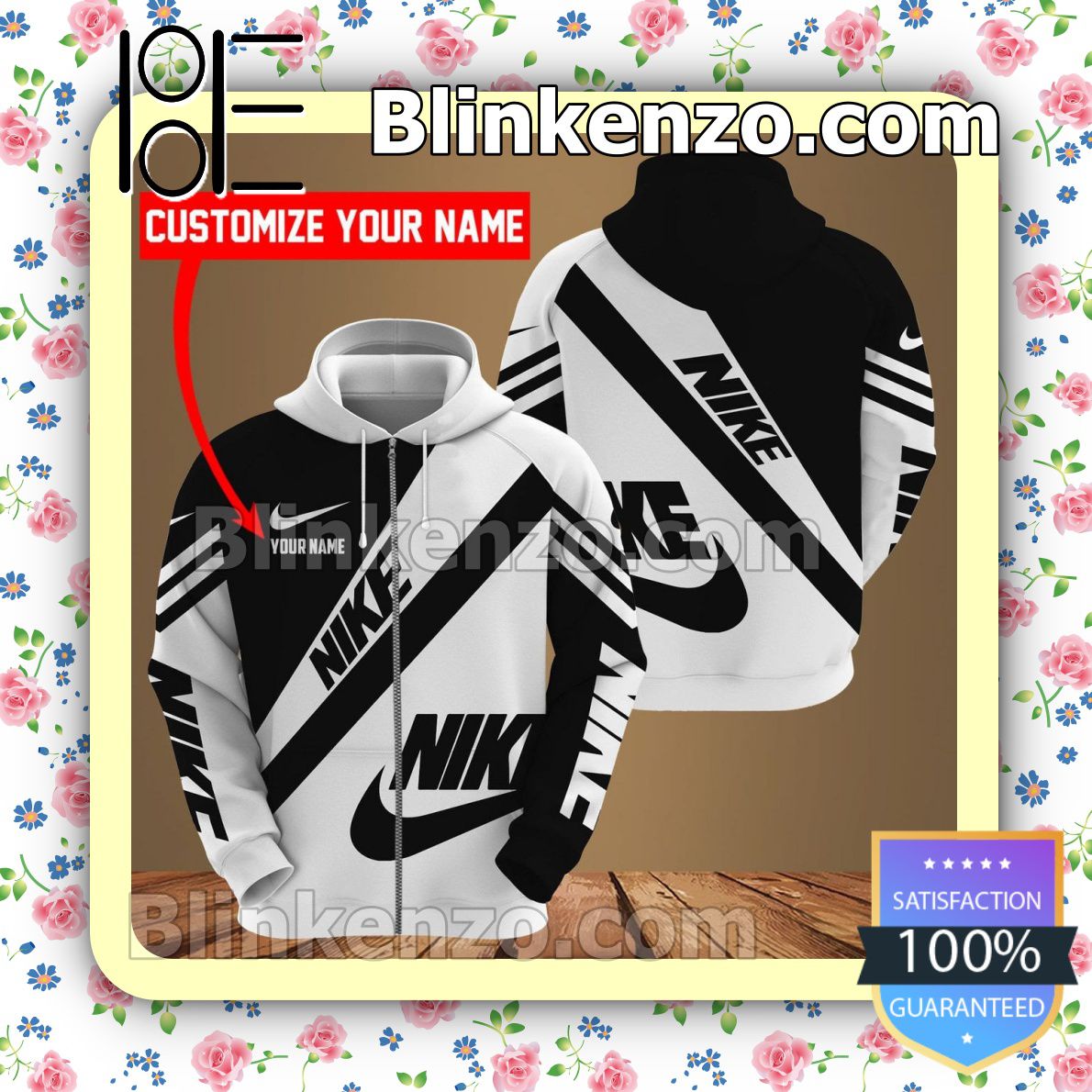 Handmade Personalized Nike Brand Black And White Full-Zip Hooded Fleece Sweatshirt