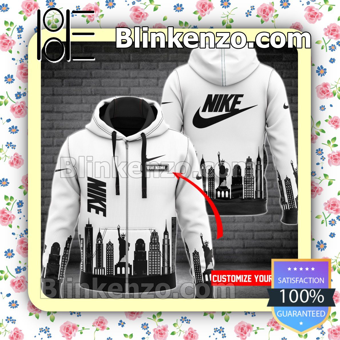 Cheap Personalized Nike City Skyline Silhouette White Full-Zip Hooded Fleece Sweatshirt