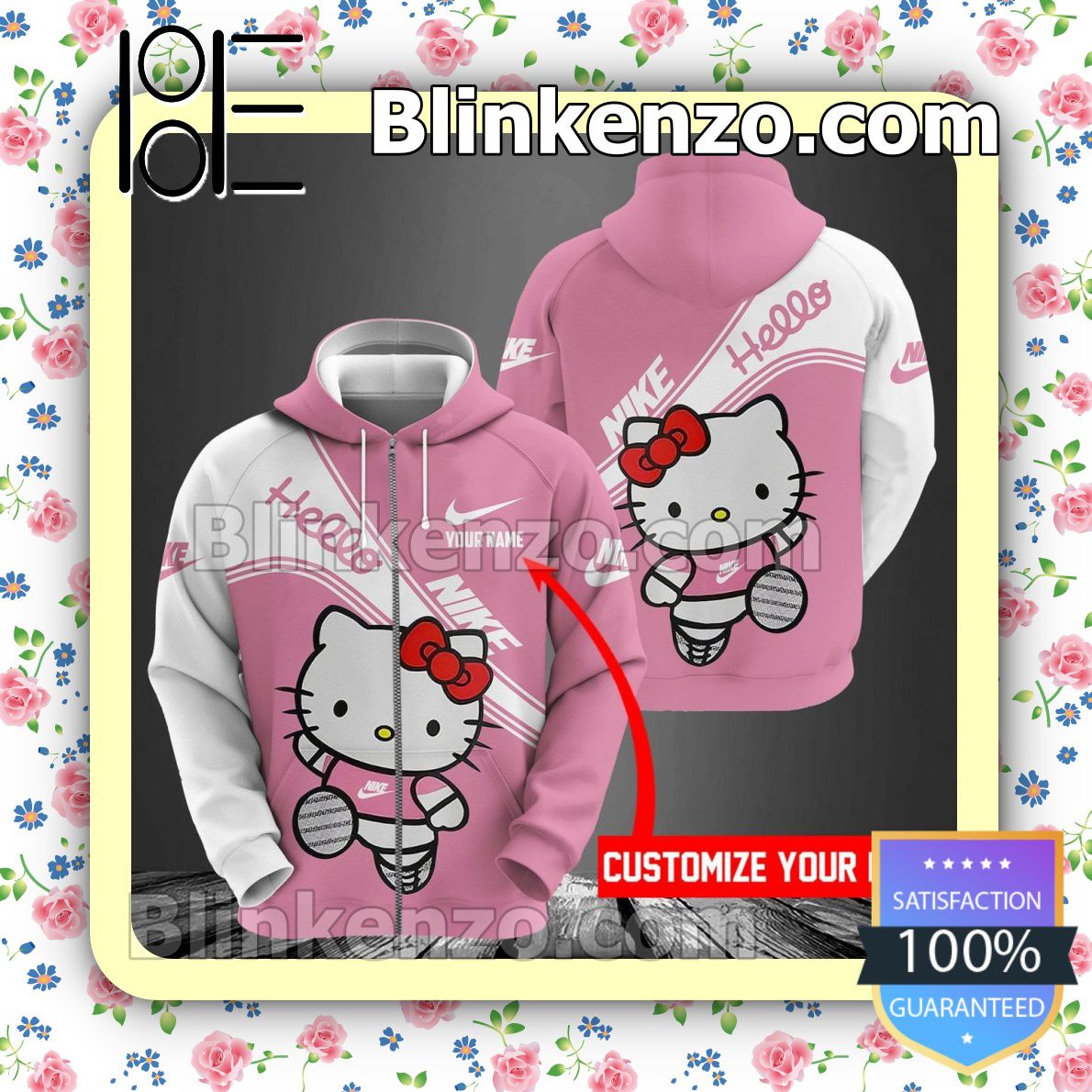 Present Personalized Nike Hello Kitty Pink White Full-Zip Hooded Fleece Sweatshirt