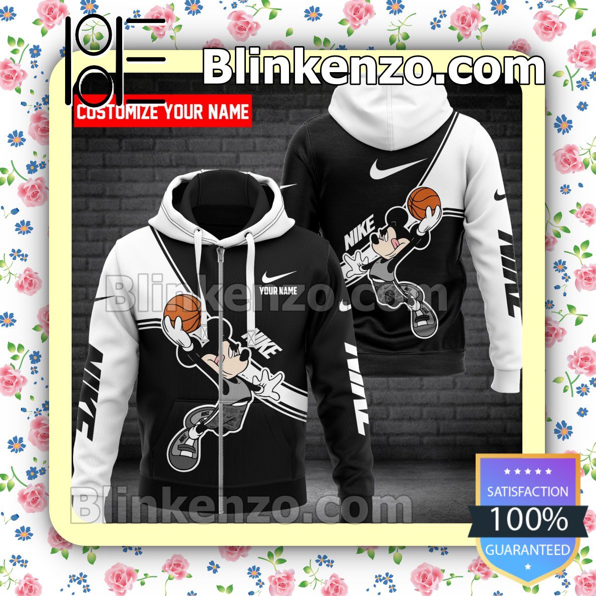 US Shop Personalized Nike Mickey Mouse With Ball Black And White Full-Zip Hooded Fleece Sweatshirt
