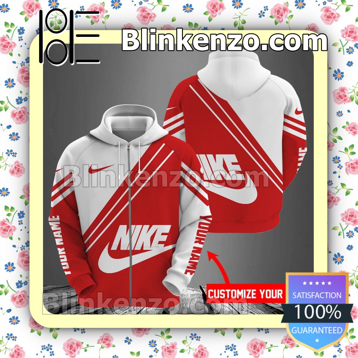 Great Quality Personalized Nike Red And White Full-Zip Hooded Fleece Sweatshirt