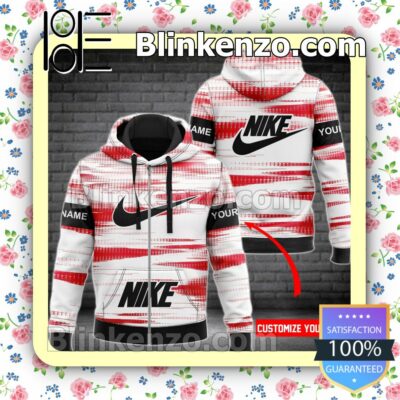 Personalized Nike Red Paint Stroke On White Black Full-Zip Hooded Fleece Sweatshirt