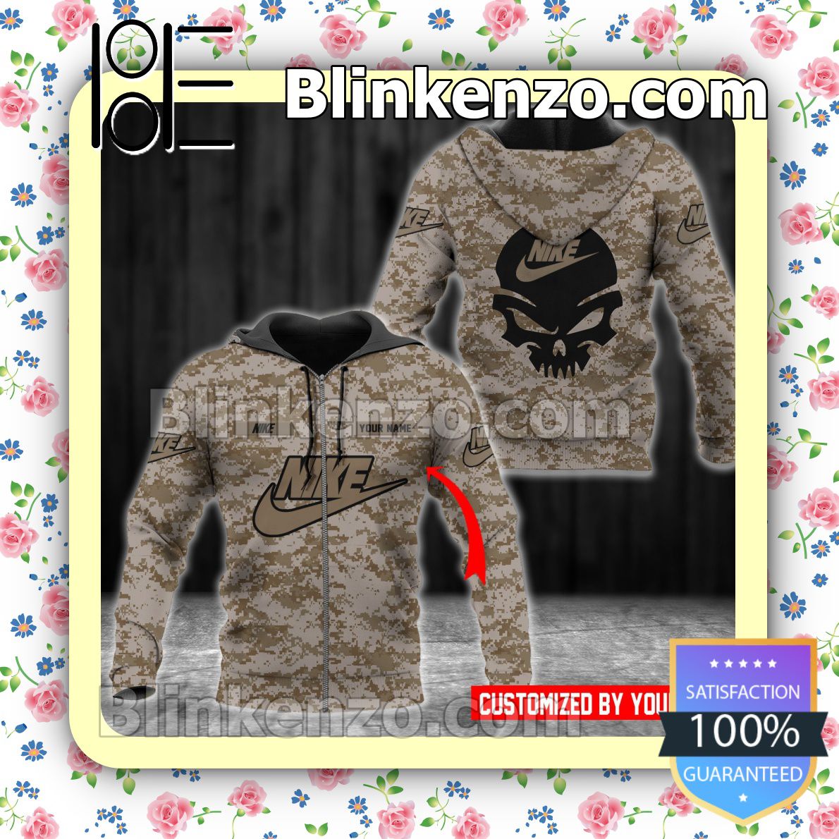 POD Personalized Nike Skull Camouflage Full-Zip Hooded Fleece Sweatshirt