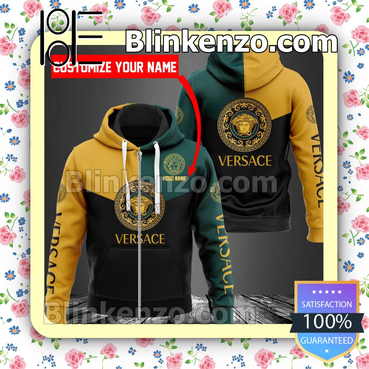 Very Good Quality Personalized Versace Mix Color Green Yellow And Black Full-Zip Hooded Fleece Sweatshirt