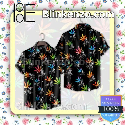 Skull And Colorful Weed Leaves Halloween Short Sleeve Shirts