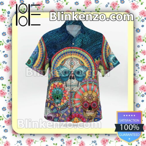 Sugar Skull Mandala Art Casual Button Down Shirts b