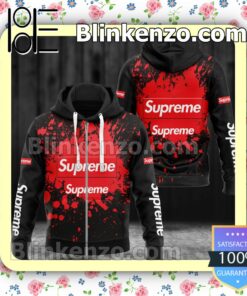 Supreme Logo Center Red Splash Black Full-Zip Hooded Fleece Sweatshirt