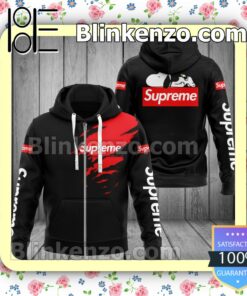 Supreme Logo Torn Ripped Black Full-Zip Hooded Fleece Sweatshirt