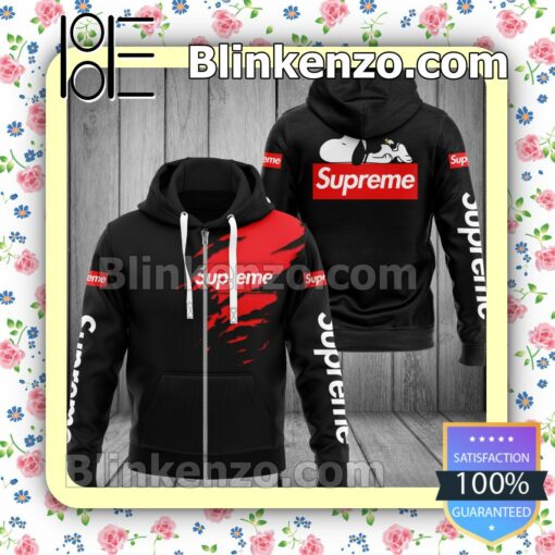 Supreme Logo Torn Ripped Black Full-Zip Hooded Fleece Sweatshirt