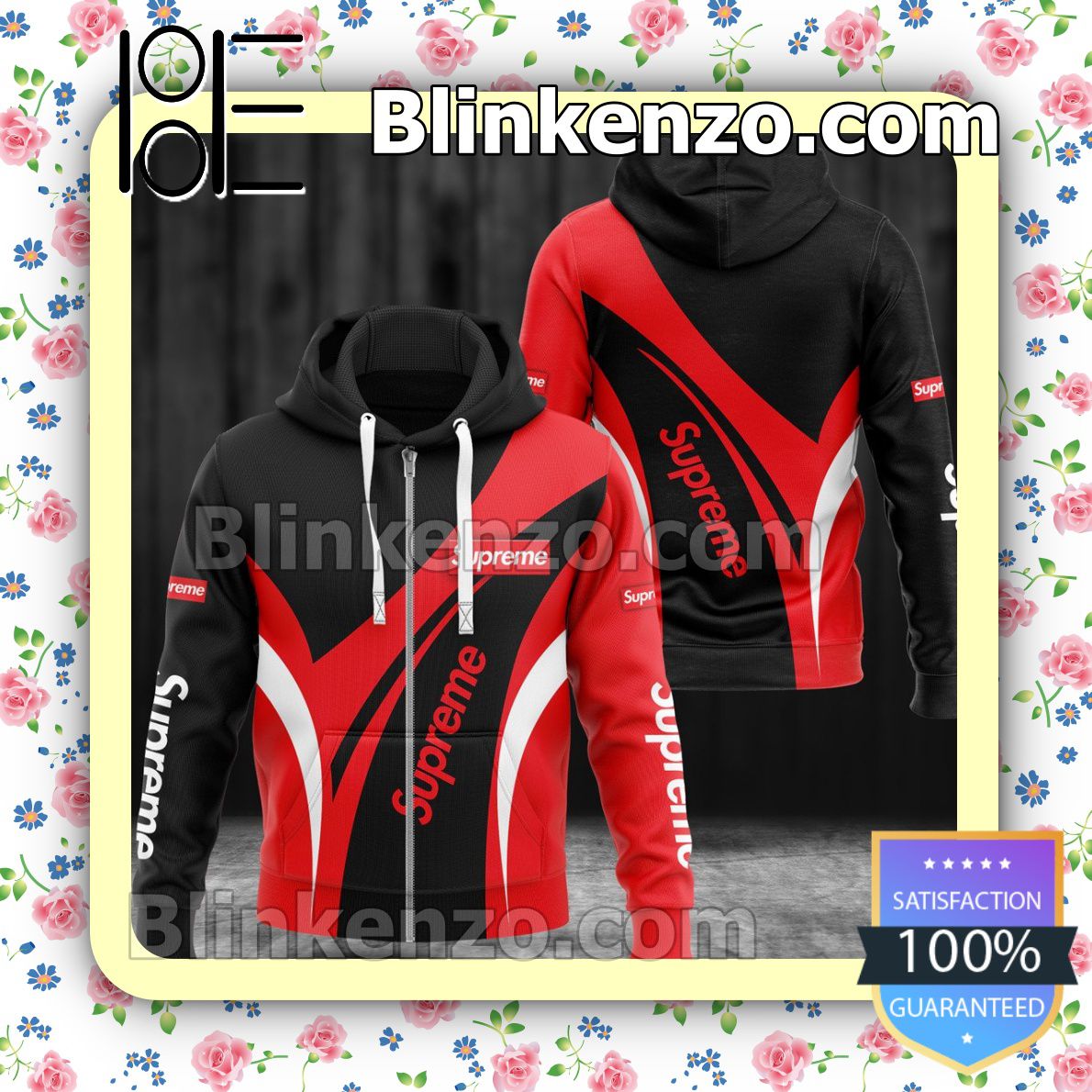 Us Store Supreme Luxury Black Mix Red Curves Full-Zip Hooded Fleece Sweatshirt