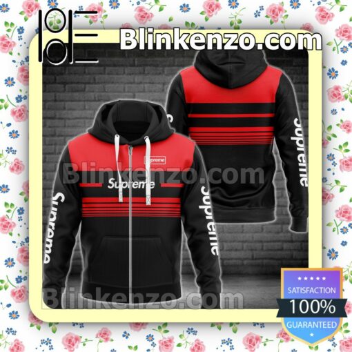 Supreme Luxury Black With Red Horizontal Stripes Full-Zip Hooded Fleece Sweatshirt