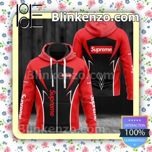 Supreme Luxury Brand Red And Black Full-Zip Hooded Fleece Sweatshirt
