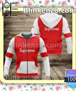 Supreme Luxury Brand Red And White Lines Full-Zip Hooded Fleece Sweatshirt