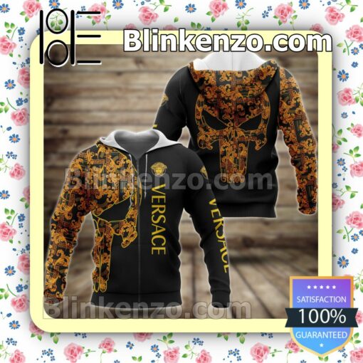 Versace Baroque Greek Key Skull Full-Zip Hooded Fleece Sweatshirt
