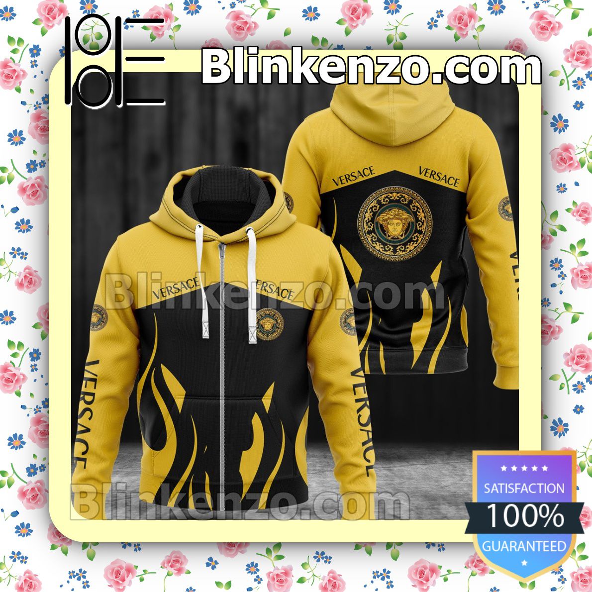 Handmade Versace Fire Pattern Black And Yellow Full-Zip Hooded Fleece Sweatshirt