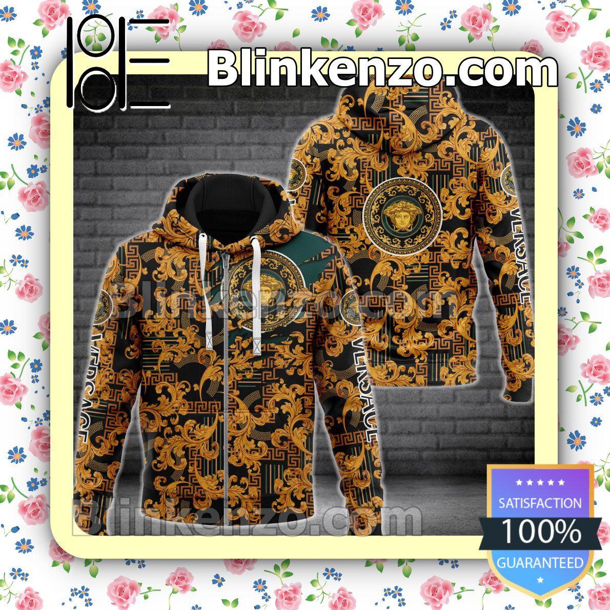 Real Versace Golden Baroque Pattern Full-Zip Hooded Fleece Sweatshirt