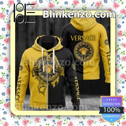 Versace Hands Ripping Half Black Half Yellow Full-Zip Hooded Fleece Sweatshirt