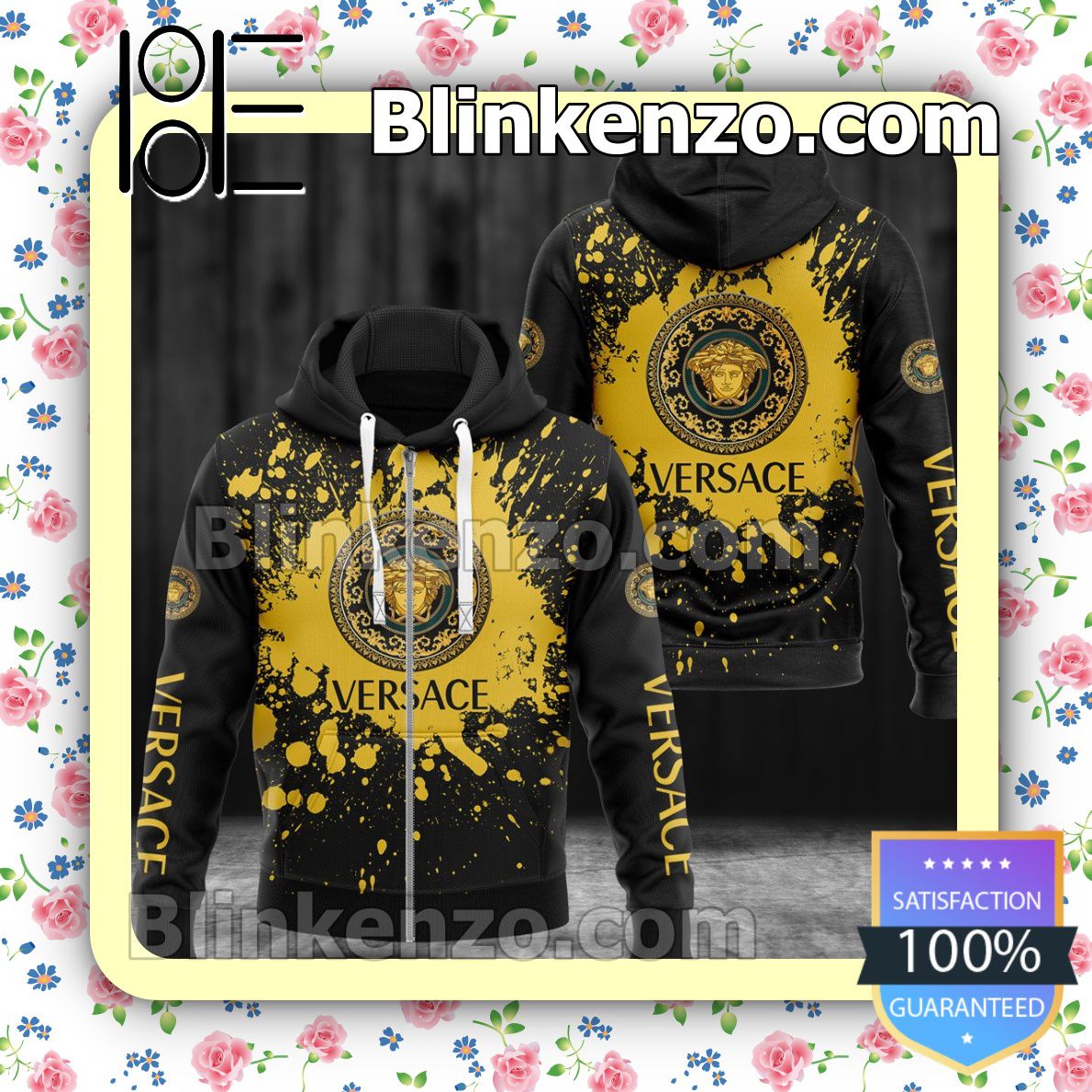 Rating Versace Logo Center Yellow Splash Black Full-Zip Hooded Fleece Sweatshirt
