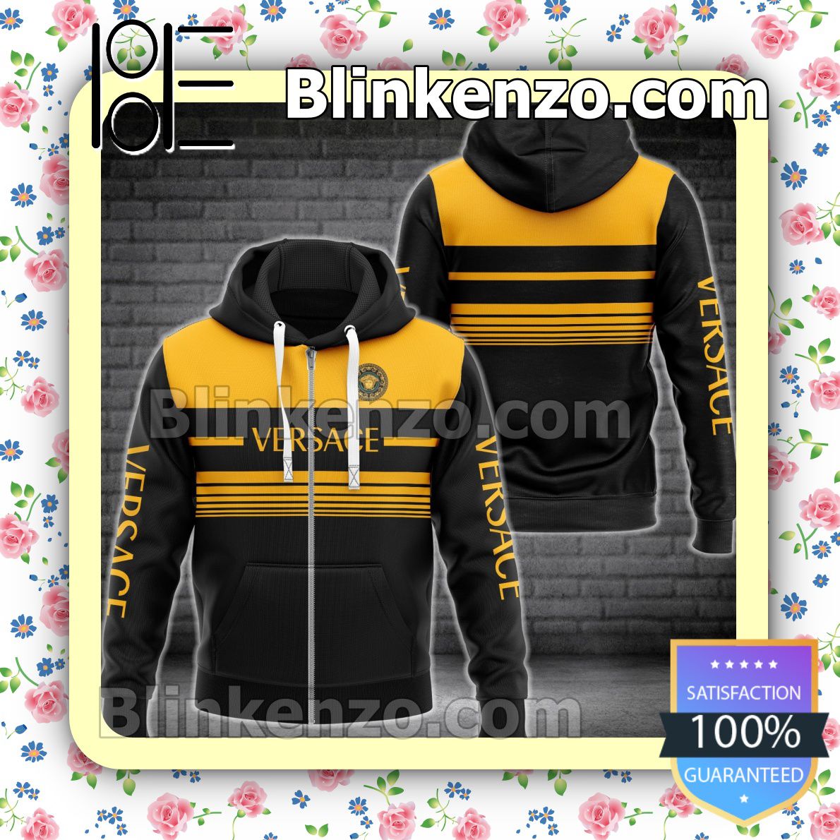 Etsy Versace Luxury Black With Yellow Horizontal Stripes Full-Zip Hooded Fleece Sweatshirt