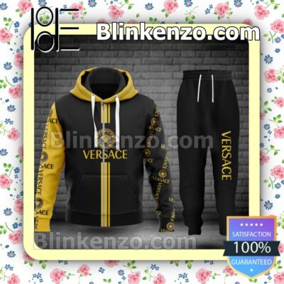 Versace Luxury Brand Name And Logo Black Mix Yellow Full-Zip Hooded Fleece Sweatshirt