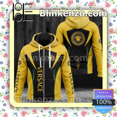 Versace Luxury Brand Yellow And Black Full-Zip Hooded Fleece Sweatshirt