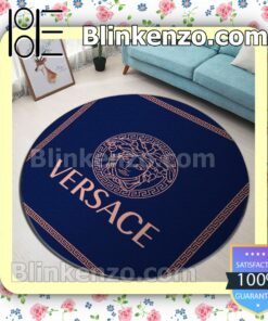 Versace Medusa Logo With Greek Key Border Blue Round Carpet Runners