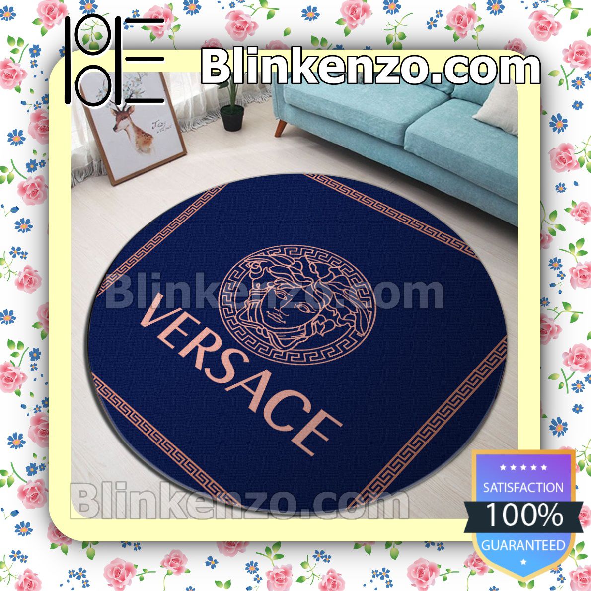 Versace Medusa Logo With Greek Key Border Blue Round Carpet Runners