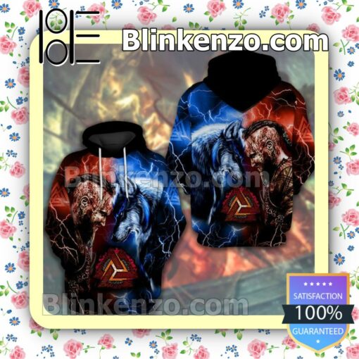 Viking Ragnar Lothbrok And Wolf Red And Blue Lightning Custom Womens Hoodie